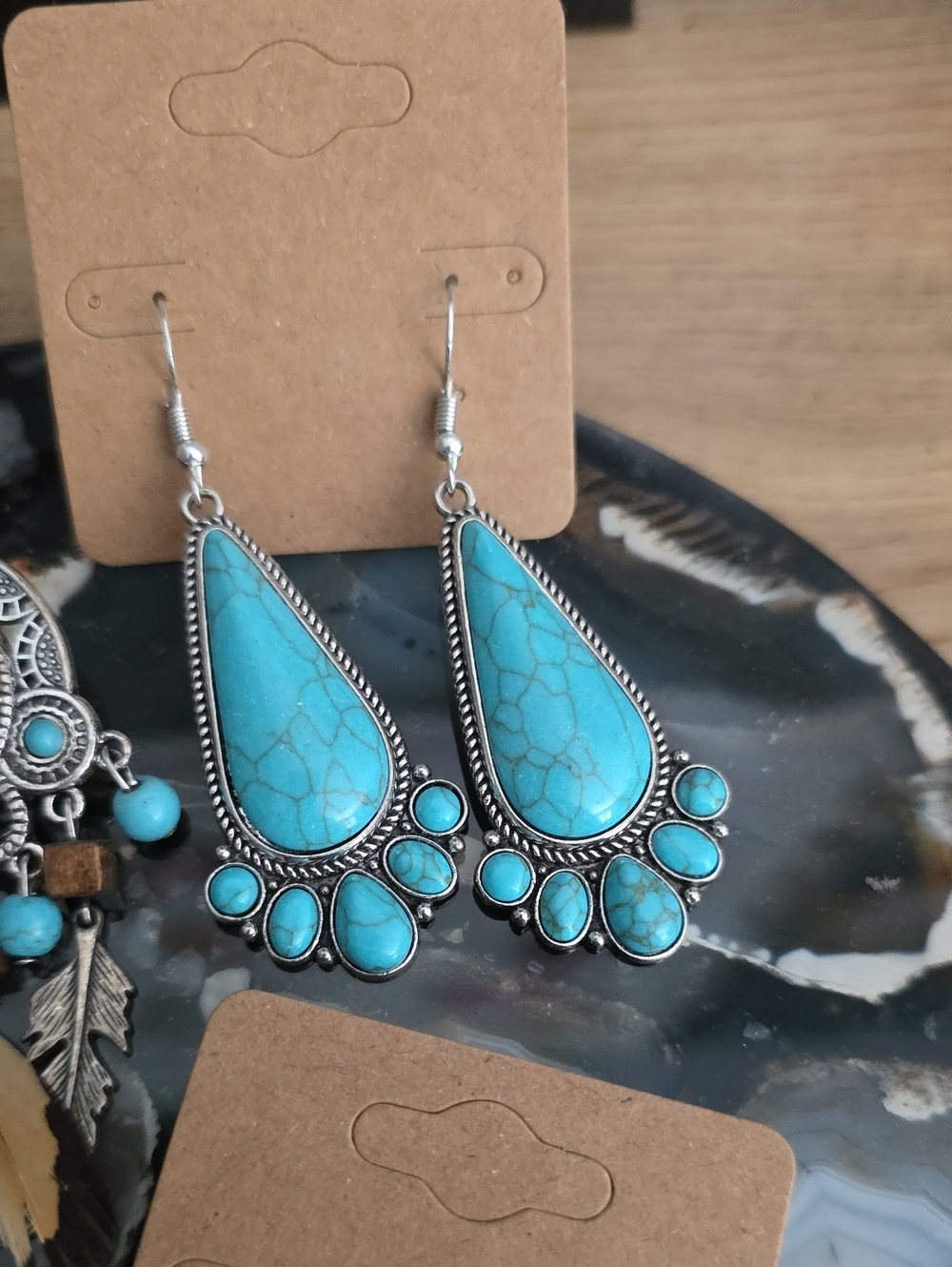 Turquoise Boho Feather Drop Earrings — Women Jewelry - Picture 3 of 4